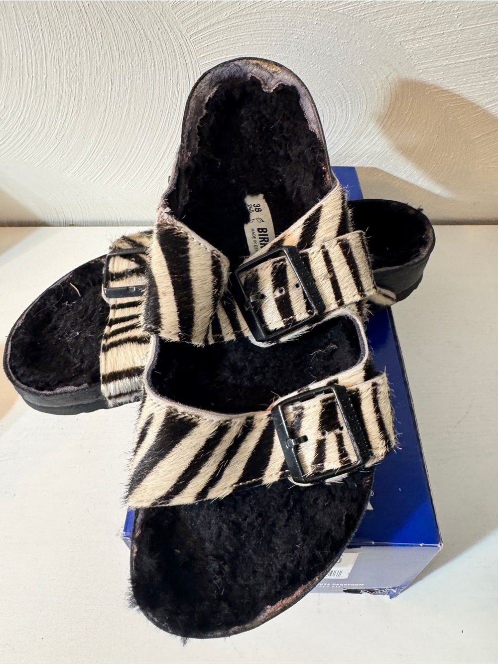 Birkenstock Black and White Zebra Fuzzy Slide Sandals. Box Included